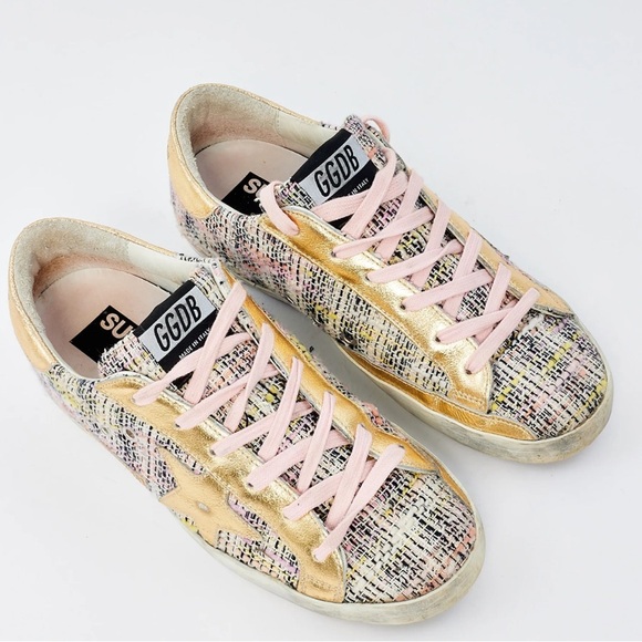 Golden Goose Superstar Pink Tweed & Gold Low Top Sneaker Size 37 - Picture 1 of 12